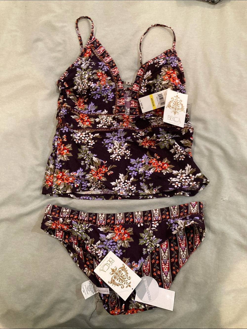 BECCA Purple Floral Tankini Set with Red & Lavender Blossoms Size M